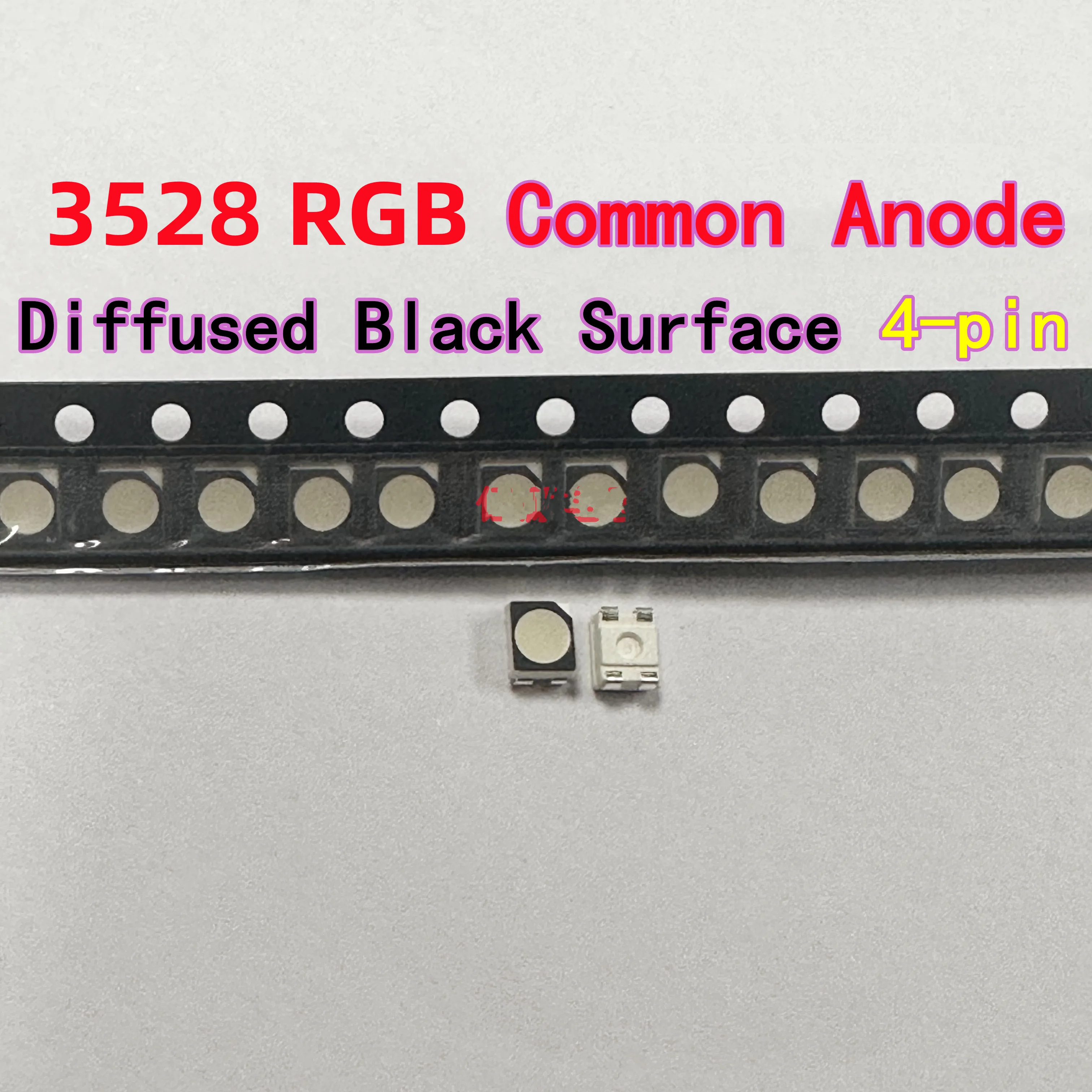 100pcs 3528 RGB Diffused Common Anode 4-pin SMD LED, Full Color RGB, Red/Green/Blue, Black Surface, Colorful