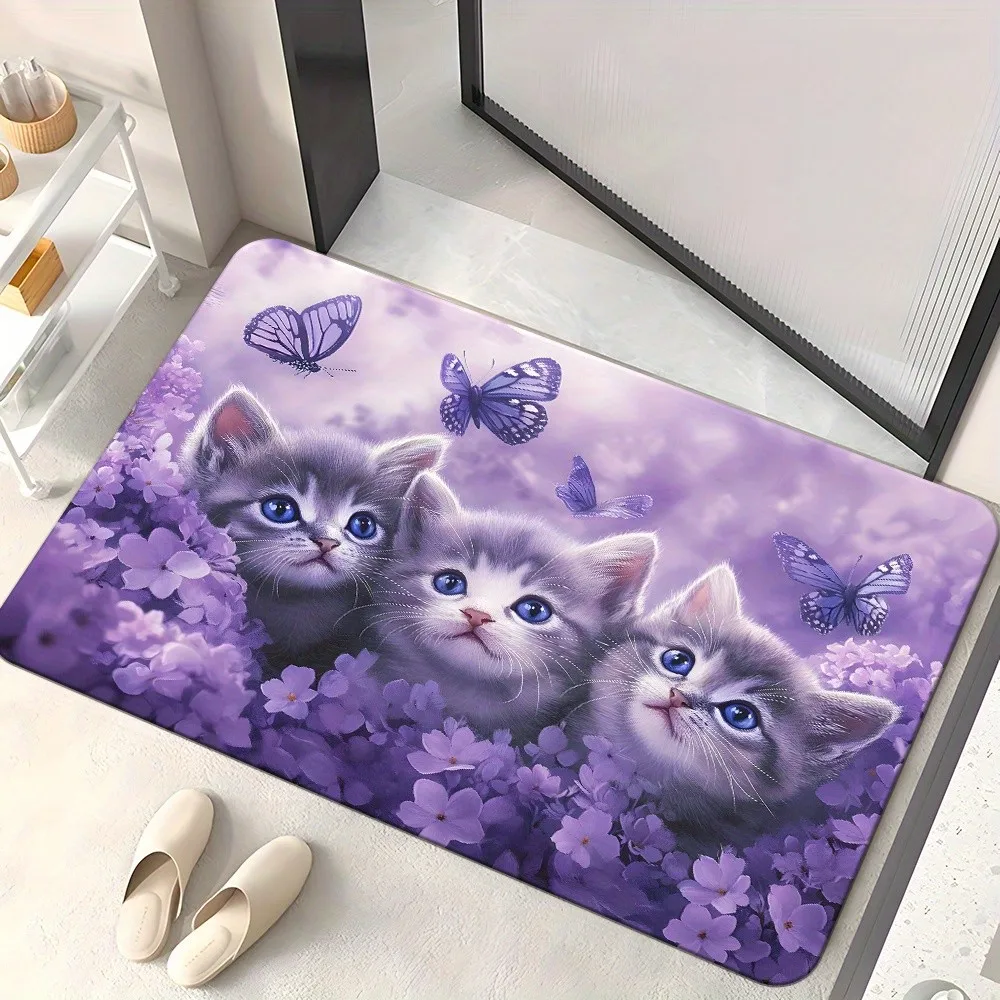 Kitten Butterflies Purple Flowers Flannel Doormat Non-Slip Bath Floor Mat Aesthetic Home Decor