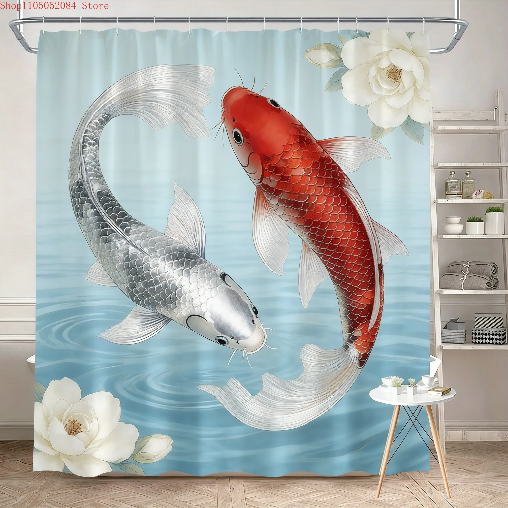 Luxury Golden Koi Fish with Cherry Blossoms Waterproof Shower Curtain for Feng Shui Bathroom Decor ✨