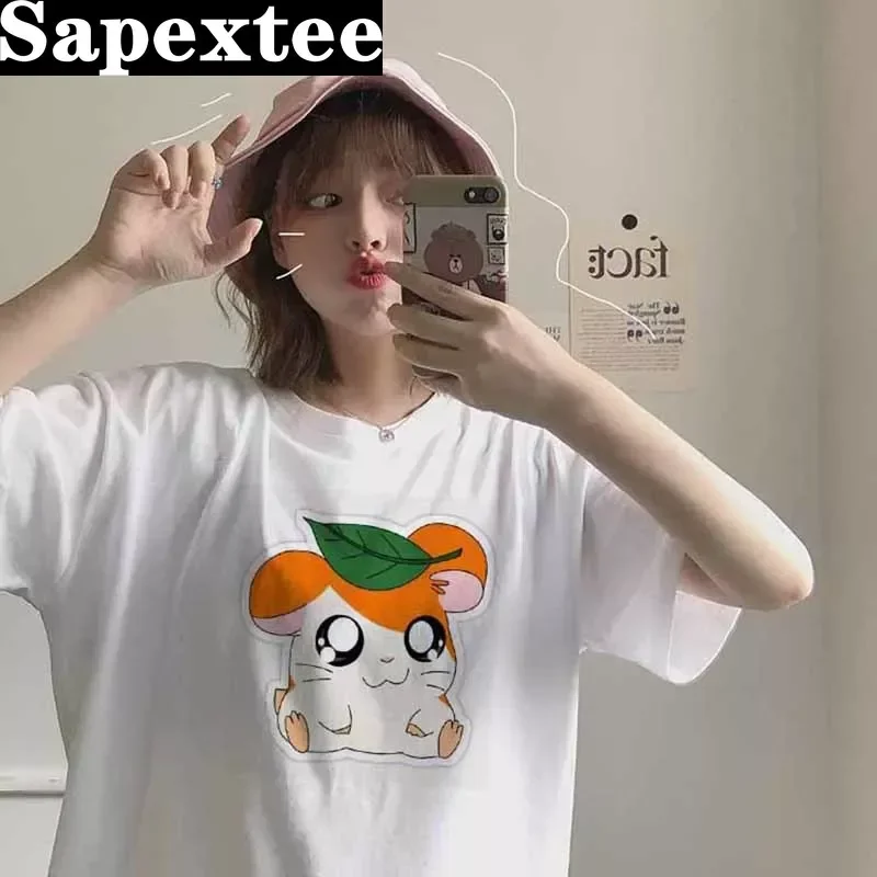 Kawaii Hamtaro Women T Shirt Print Cute Cartoon Tshirts Short Sleeve Casual White Top Tee Female Harajuku T-Shirts Woman Clothes