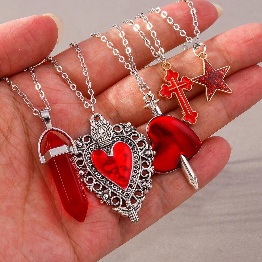 Aihua 5pcs/set Gothic Religious Cross Vampire Red Heart Pendant Necklace Set for Women Grunge Hip Hop Necklace Jewelry Gifts
