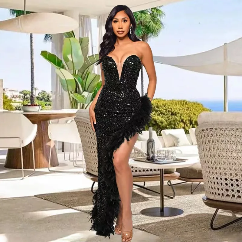 

2024 New Women Evening Dresses Asymmetrical Shiny Sequins Feather Cocktail Party Dress Sexy Strapless Long Formal Prom Dresses