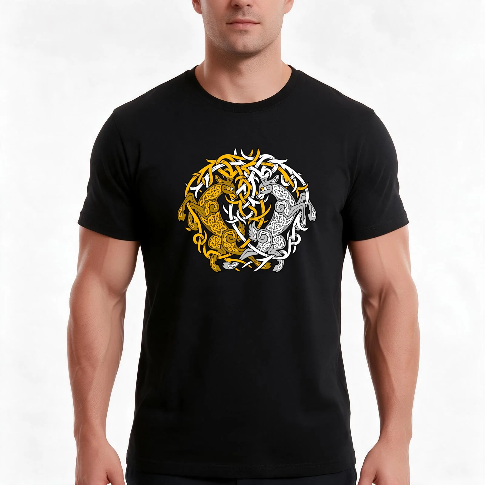 Celtic Stags Knot (Gold/Silver) T-Shirt, Summer Casual Cotton Tee, Oversized Streetwear Tops, Vintage Graphic Print, 100% Cotton