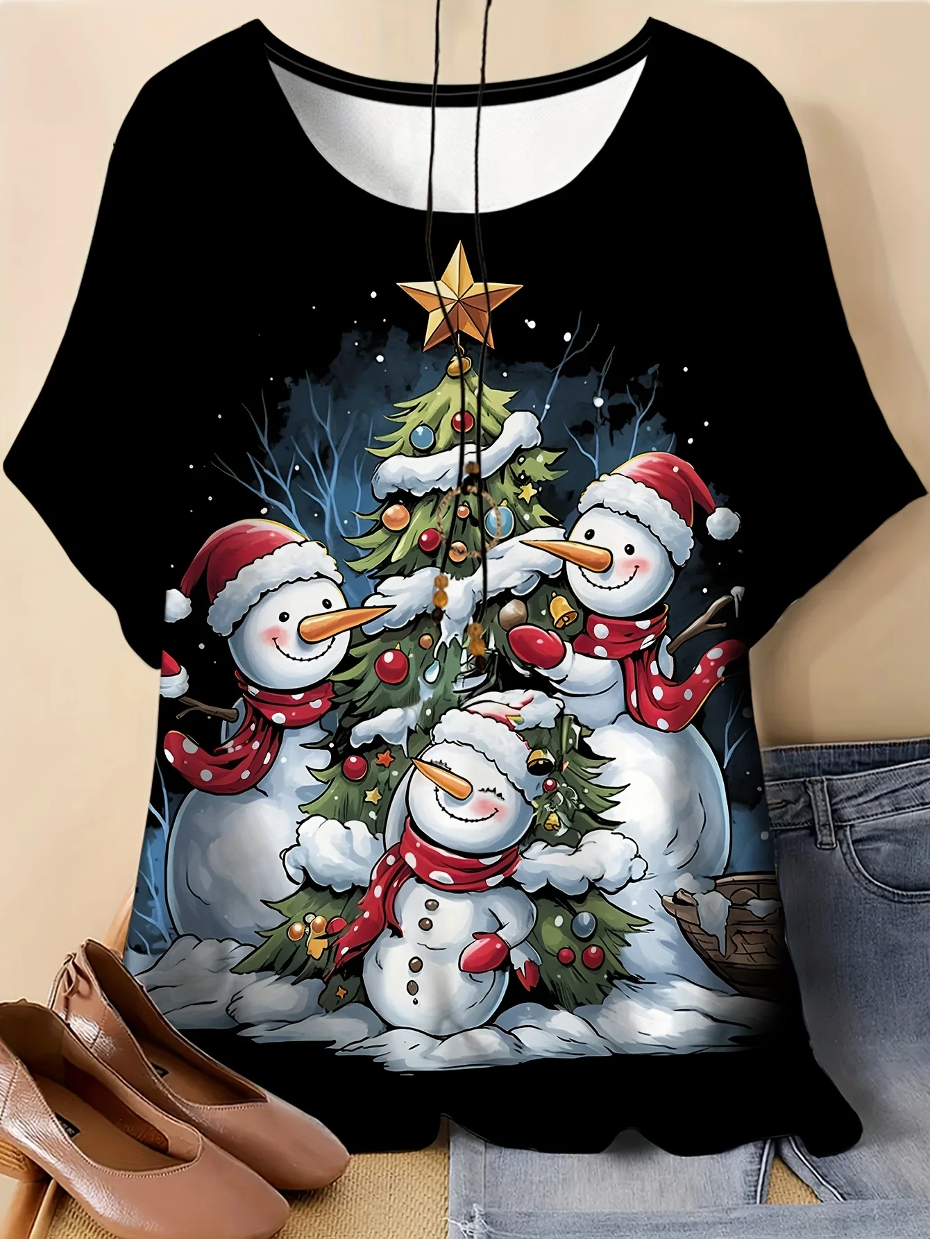 Women Christmas Snowman Tree Print T‑Shirt,O‑Neck Short Sleeve Holiday Party Casual Winter Blouse Tops