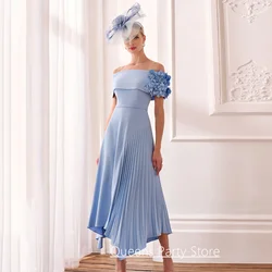 Light Blue Mother of The Bride Dress Customized Boat Neck Off Shoulder Flowers Pleat Skirt A Line Wedding Guest Gown for Party