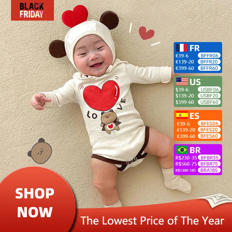 Korean Infant Baby Boys Girl Bodysuit Clothes Kawaii Funny Cartoon Bear Print Long Sleeve Love Model Newborn Overall Onesie