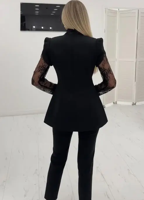 Damen-Anzugmantel, Pendler-Wimpern-Spitzenbesatz, tiefer V-Ausschnitt, Puffärmel, einreihiger Mantel, Spitze, gespleißte Taille, A-Linie, Blazer-Mantel