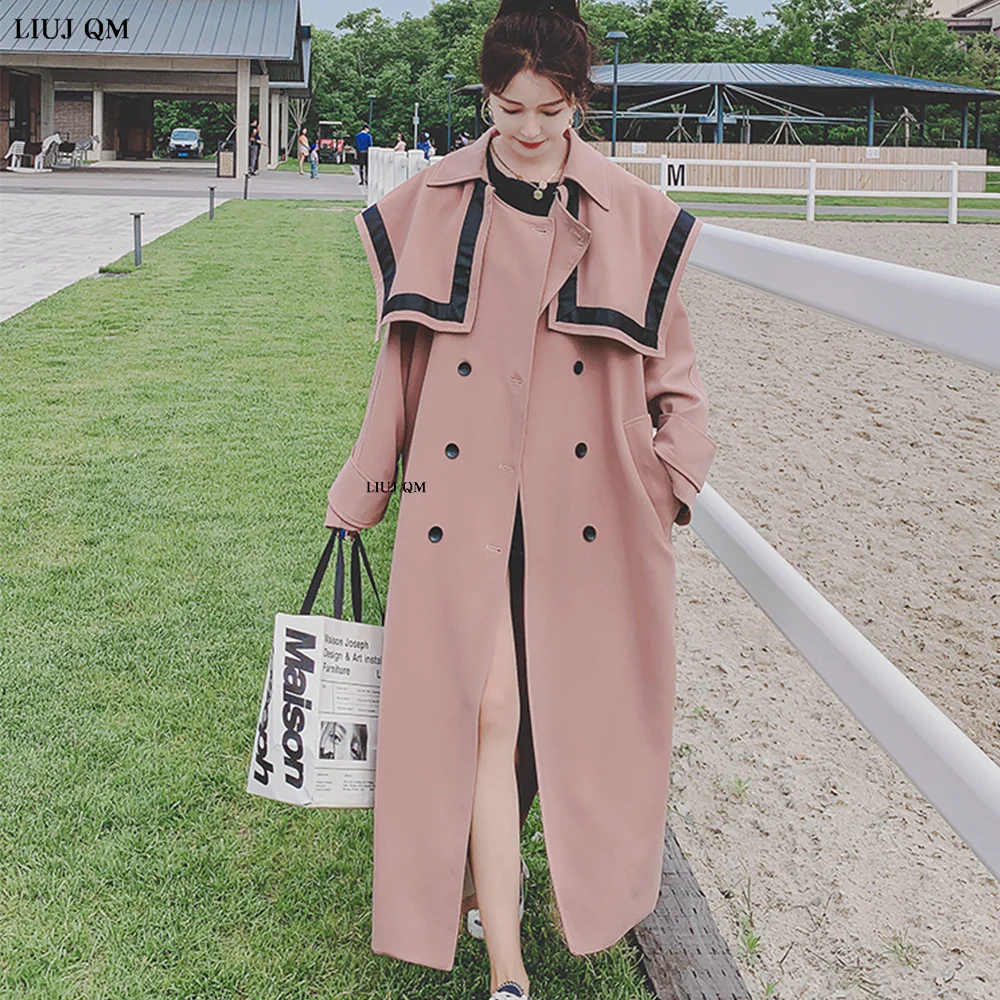 

Korean Fashion Spring Autumn Women Long Trench Coat Navy Color Double Breasted Belt Overcoat Female Fashion Streetwear Clothing