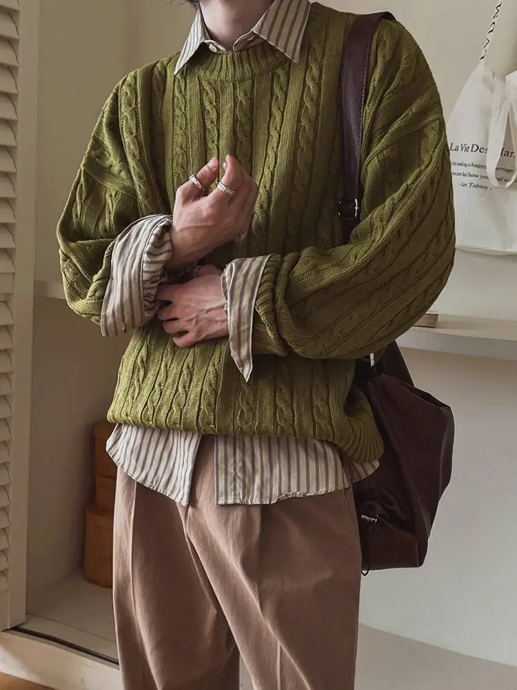 SYUHGFA بلوفرات متماسكة على الطراز الكوري سترات رجالية عتيقة برقبة دائرية سترة حياكة تناسب الجميع سترة رجالية تناسب شتاء 2025