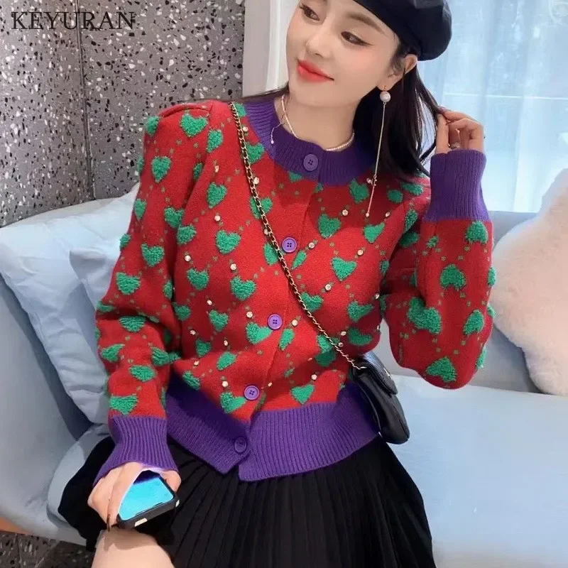 Japanese Sweater Womens Cardigans 2023 Spring Korean O Neck Long Sleeve Hit Color Love Heart with Diamond Knitted Cardigan Tops