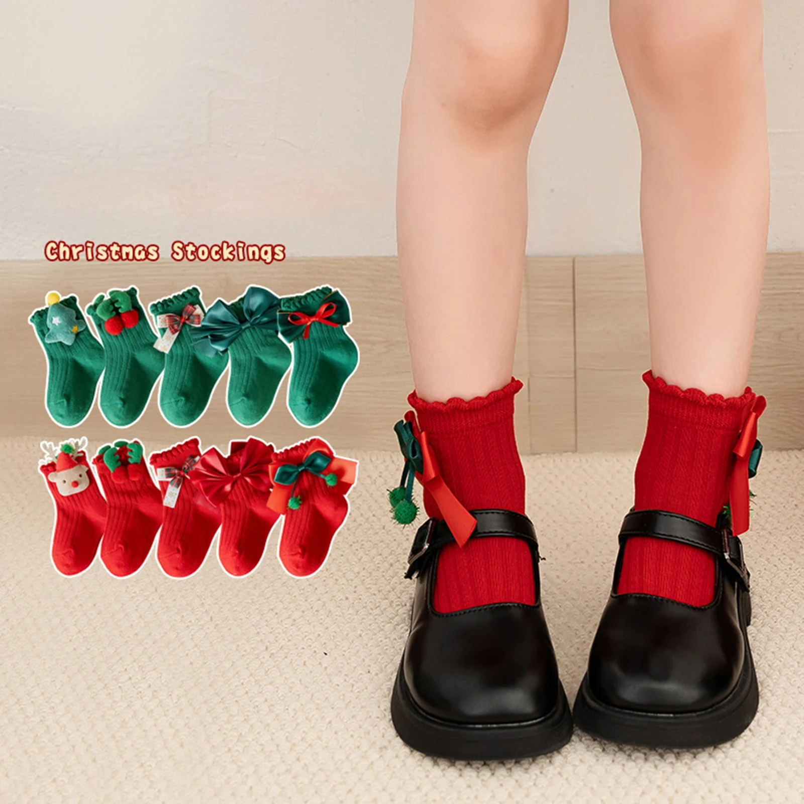 

Kids Baby Girls Christmas Socks Cute 3D Antler Bow Tree Crew Socks Soft Breathable Cotton Socks New Year Gift for 1-8Years