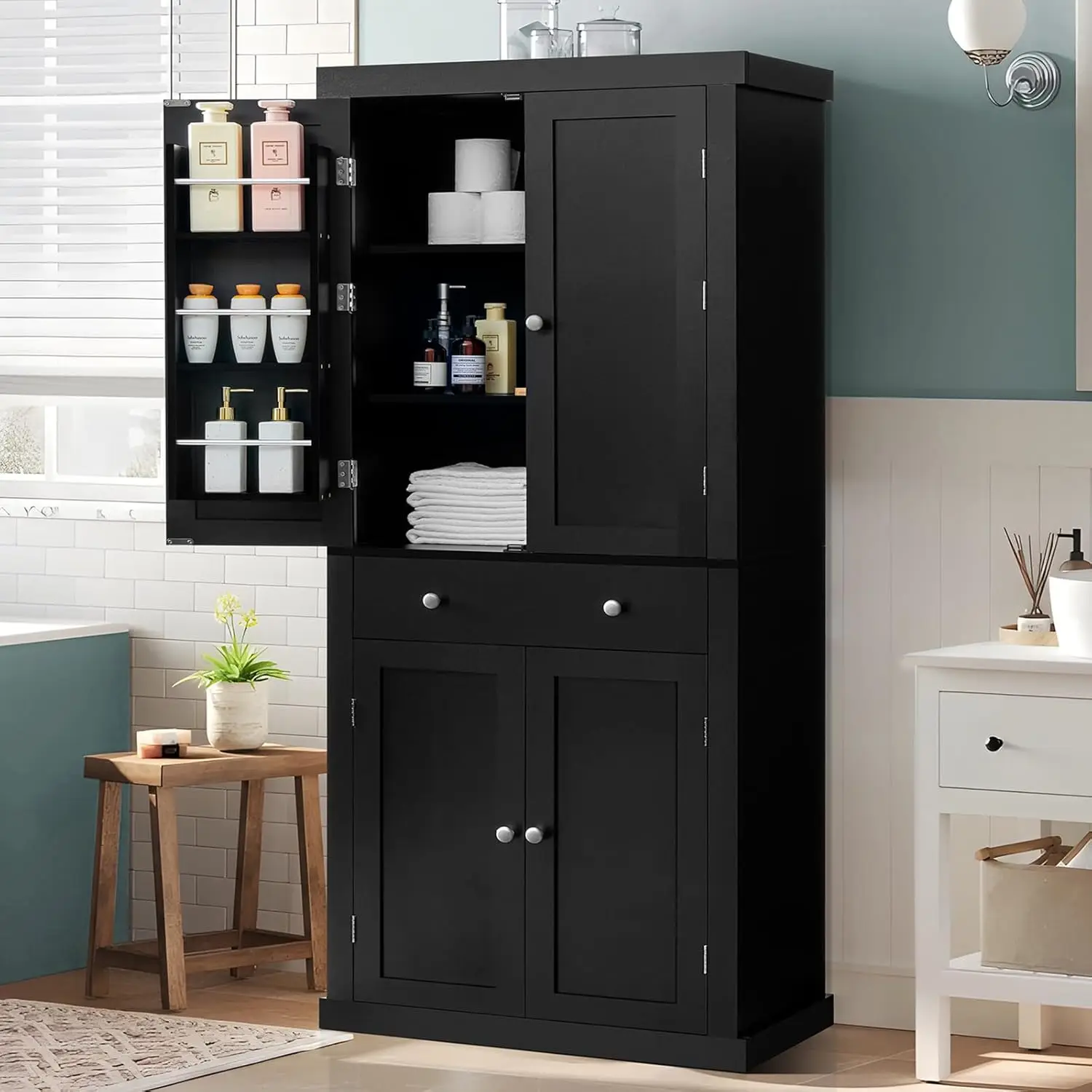new 72” Kitchen Pantry Cabinet, Tall Storage Cabinet with 4 Doors and 1 Drawer, Freestanding Cupboard with 6 Hanging, Customized