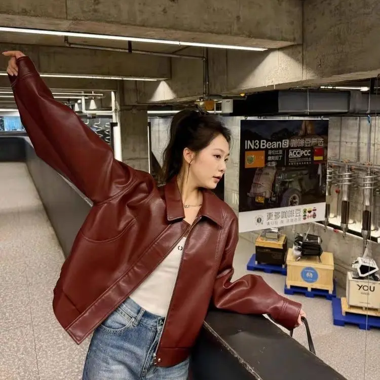2025 Spring and Autumn New Women's Leather Jacket PU Commuter Loose Jacket