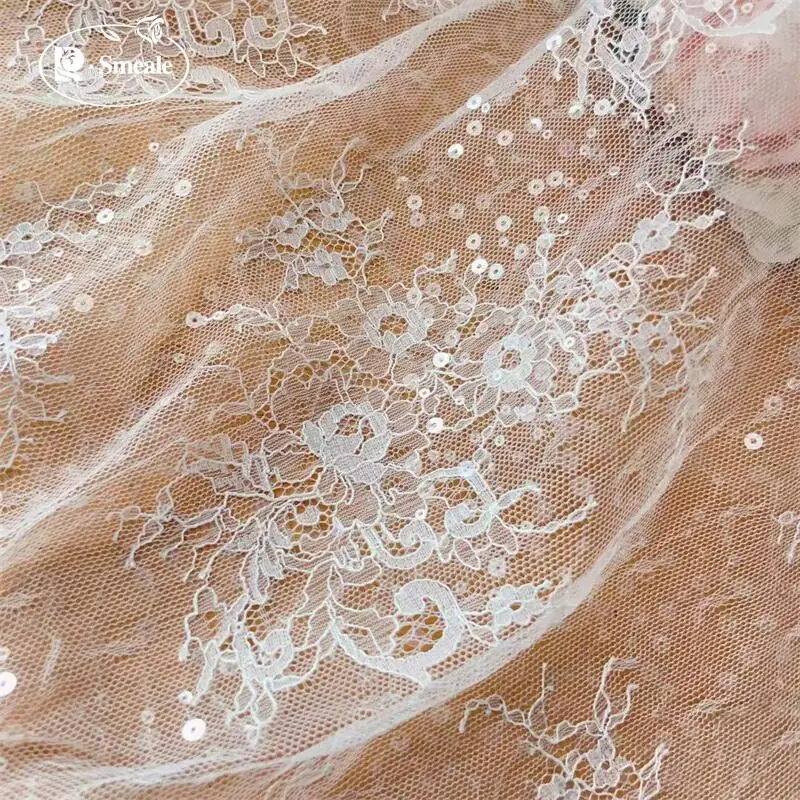 Sparkling Sequins Embroidered on Woven Thin Lace Fabric.Bottom Layer Shirt,Wedding Dress,Children's Clothing Sewing DIY Fabrics