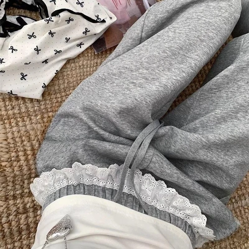 Spring Summer 2026 Grey Lace Detail Wide Leg Sweatpants Women Loose Elastic Waist Straight Casual Pants