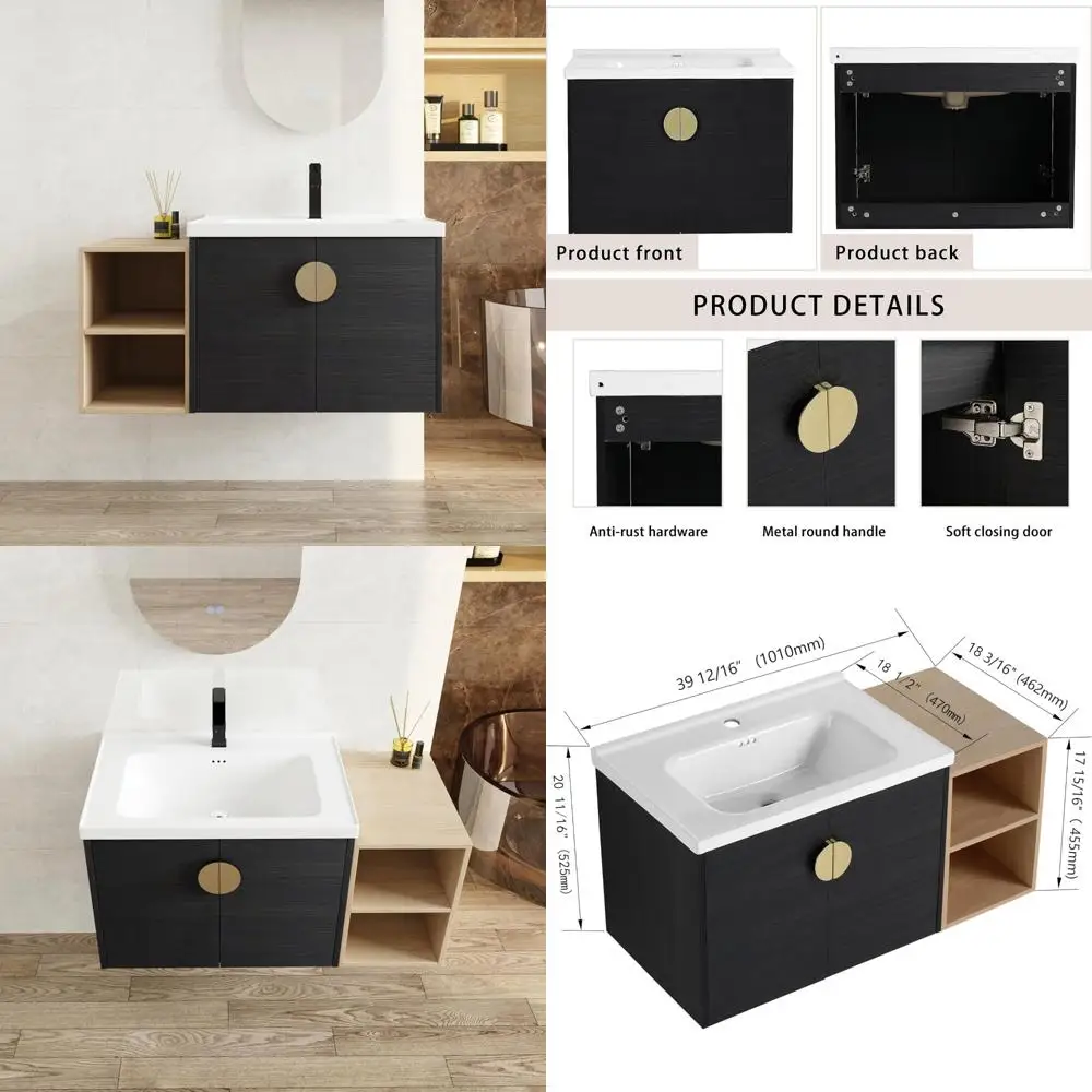 

40-inch contemporary floating vanity with ceramic sink, wall-mounted cabinet and side storage
