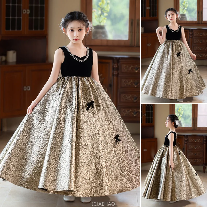 Party Dress 2025 Black Girls Evening Princess Gown Kids Pageant Host Piano Recital Performance Outfit Fashion Show Formal Wear