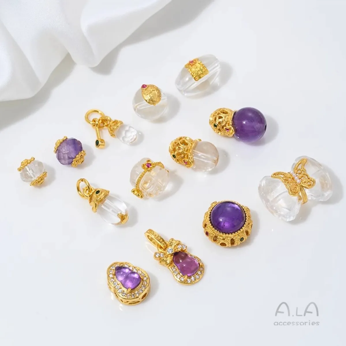 Alloy Gold Plated Inlaid Natural White Amethyst Barrel Gourd Water Drop Pendant Spacer Jewelry Findings