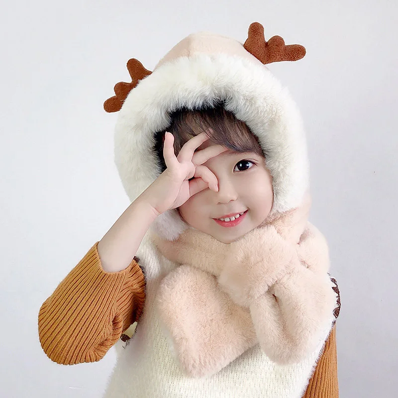 Autumn Winter Fleece Hat Scarf For Kids Ear Protection Cap Warmer Neck Scarf Children Cartoon Cute Beanies Cap Baby Girls Hat