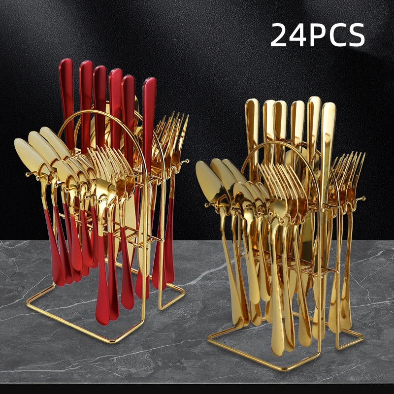 

24PCS Dinnerware Set Stainless Steel Cutlery Spoon And Fork Set Gold Silverware Gift Kitchen Utensil Knife Tableware Flatware