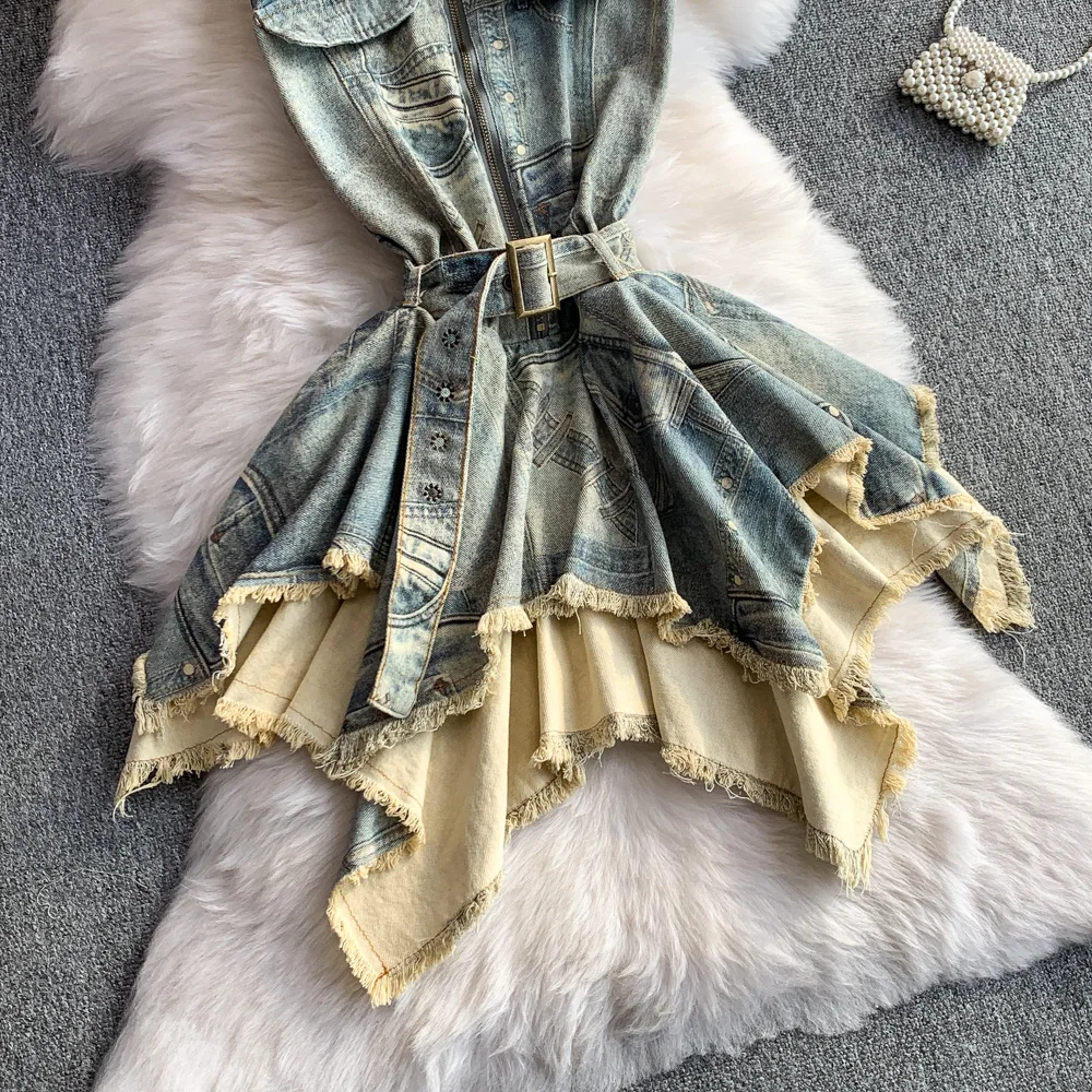 Abito corto estivo in denim vintage per donna Taglio a onde blu Streetwear Casual Mini abiti per uscire Chic 2025 Nuovo