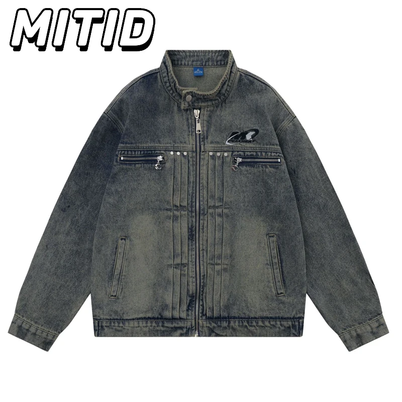 

Motor Biker Jeans Jackets Men Clothing Embroidery Korean Fashion Streetwear Youth Pockets Y2k Casual Loose Oversized Denim Coat