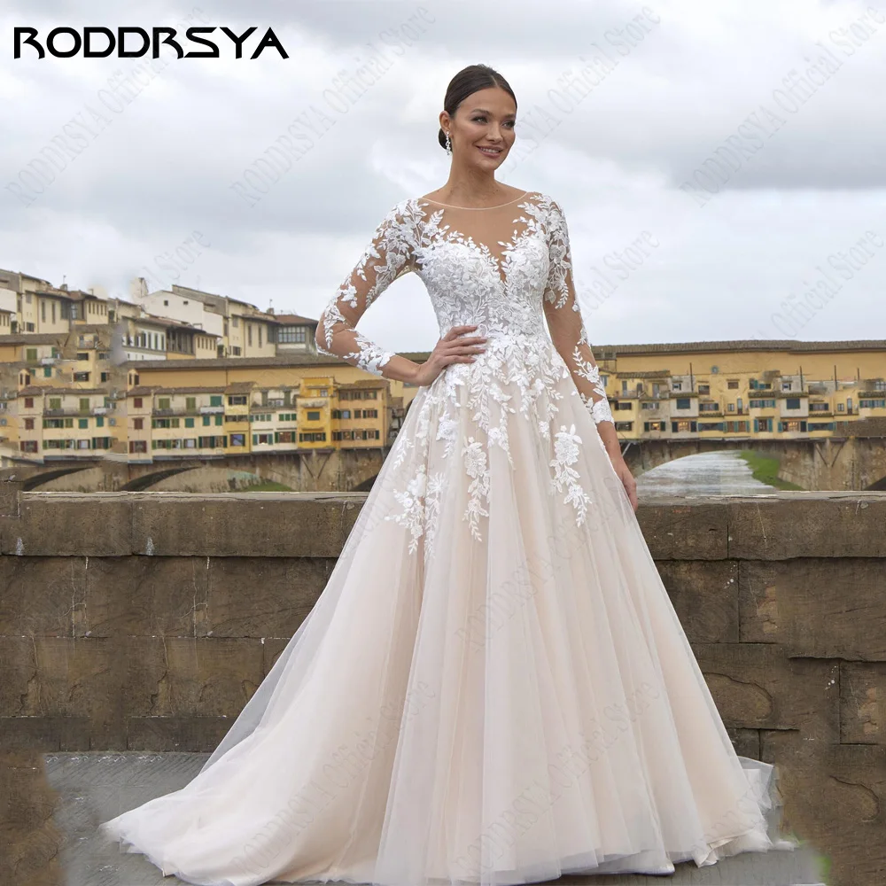 RODDRSYA O-hals Lange mouwen Bruidsjurk A-Lijn Tule Illusie Terug Bruidsjurken Applique RODDRSYA O-hals lange mouwen trouwjurk A-lijn Tulle Illusion Back Bride Gowns Applique op maat gemaakte elegante feestjes De Novia