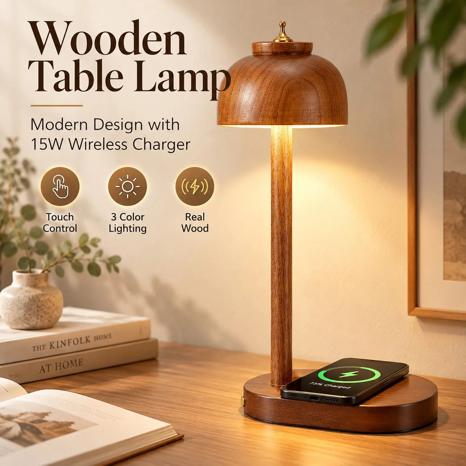 Wooden Table Lamp with 15W Qi Wireless Charger for Mobile Phone USB-C Powered Three-color Lights Desk Lamp for Bedroom Home