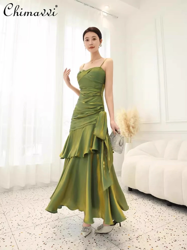 فساتين بحمالات خضراء بدون أكمام لصيف 2025 فستان سهرة طويل فرنسي أنيق فاخر وكشكش مقسم بذيل السمكة النحيف للنساء #3