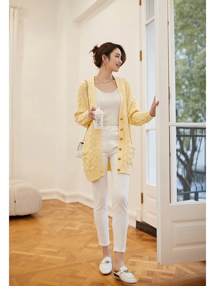 

Soft Cotton Stretch mid High Waist a Denim Jeans Spring Early Bla White Match SUO Casual Sle Multi ket Zipper Fly