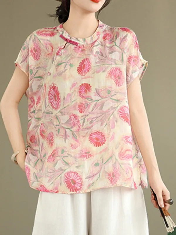 Sommer Neue Sle Chinesische Taste Baumwolle Leinen Druck Seite Taste Stehkragen Casual irt plus Größe frauen Faion Künstlerische