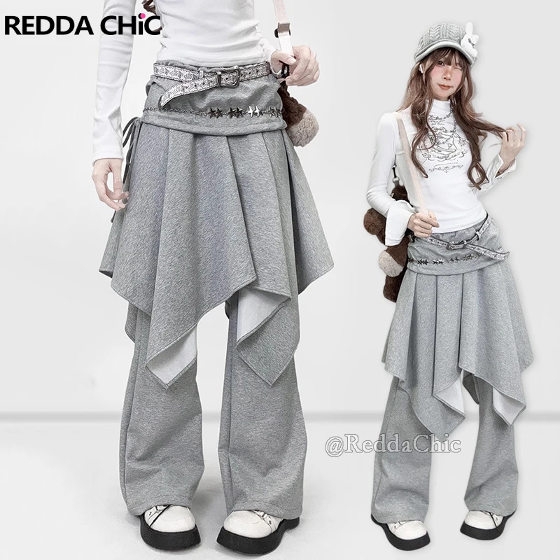 REDDACHiC Double Layered Sweatpants Gray Grunge Wide Leg Elastic Waist Bowknot Flowy Ruffle Wrap Pants Lounge Women Streetwear