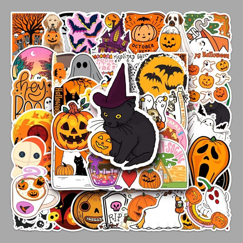 50 Pc Creative Design Halloween Scrapbook Journal Sticker Cartoon Pumpkin Bat Skeleton Stationery Sticker Guitar Luggage Sticker