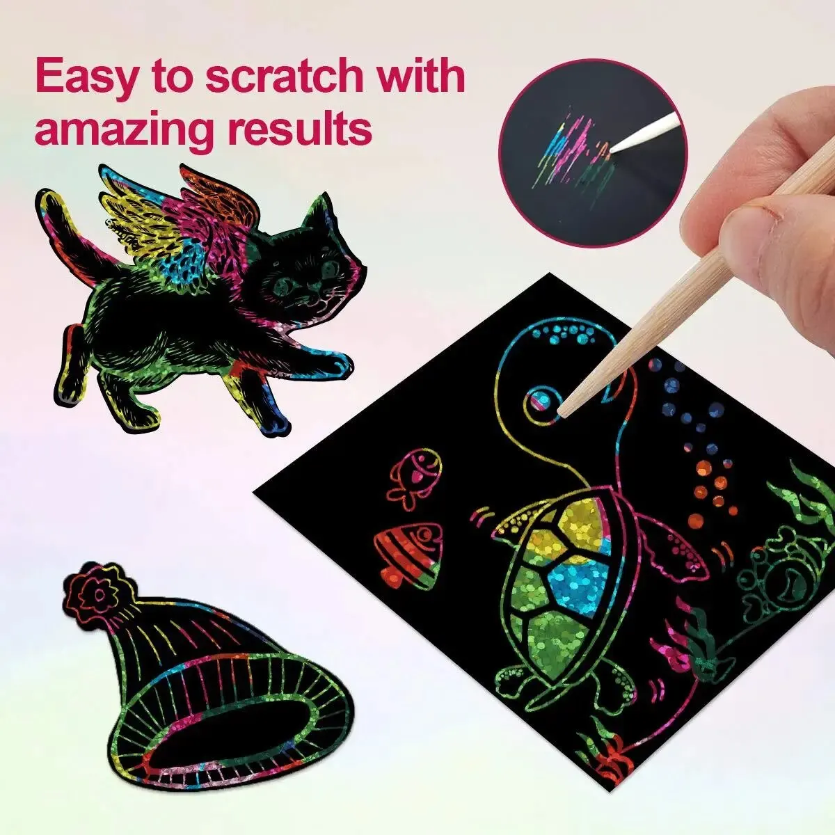 Many Creative Scratch Art Cards Kit! 100Pcs Parent-Child Craft Set with Bamboo Stick, Educational DIY Gift for Ages 3-12