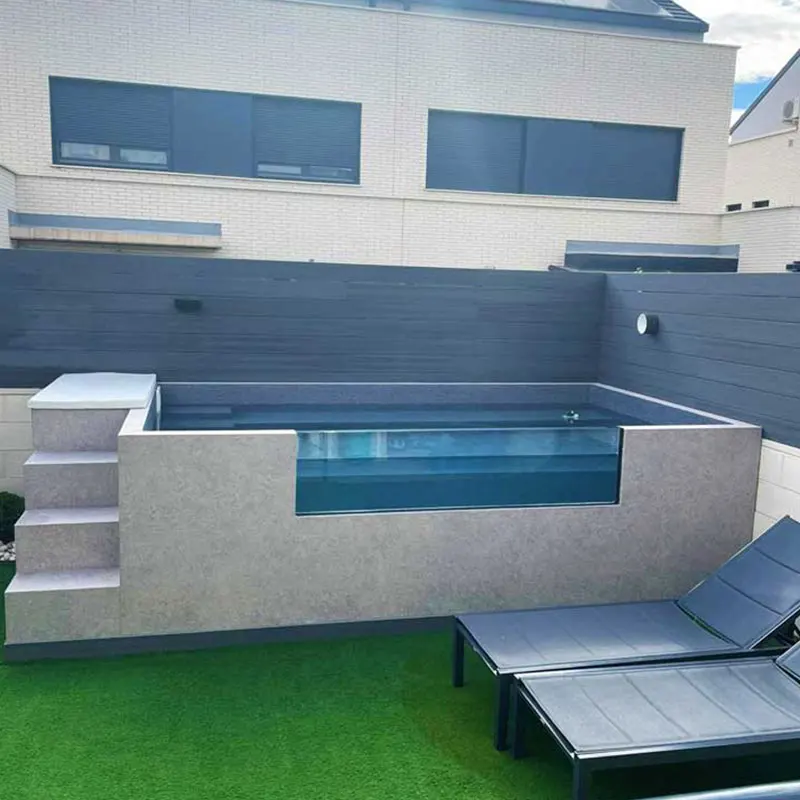 Piscina de fibra de vidrio de superficie dura, piscinas familiares sobre el suelo, a la venta, casa de piscina acrílica de madera sobre el suelo