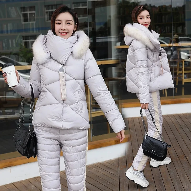 Women Winter Hiking Jacket Pants Suit Fashion Large lapel Fur Collar Warm Two piece Set Slim Outerwear Pants Coat Down Cotton