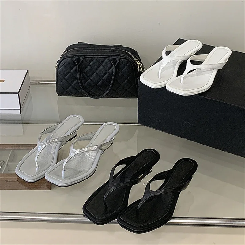 

Aneikeh 2026 Fashion Square Clip Toe Wedges Low Heels Slippers Women Party Sandals Summer Flip Flops Ladies Dress Shoes