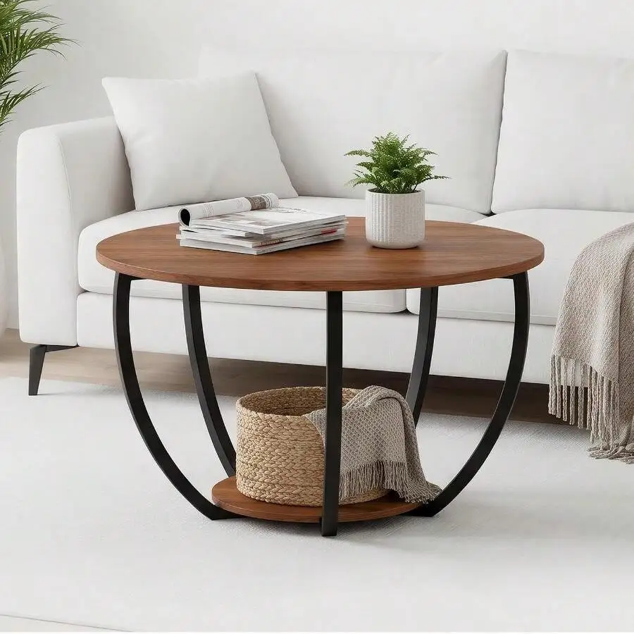 Round Coffee Table With Lower Storage Shelf, 23 Inch Circle Wooden Coffee Table, Industrial Curved Metal Frame Center Table, Acc