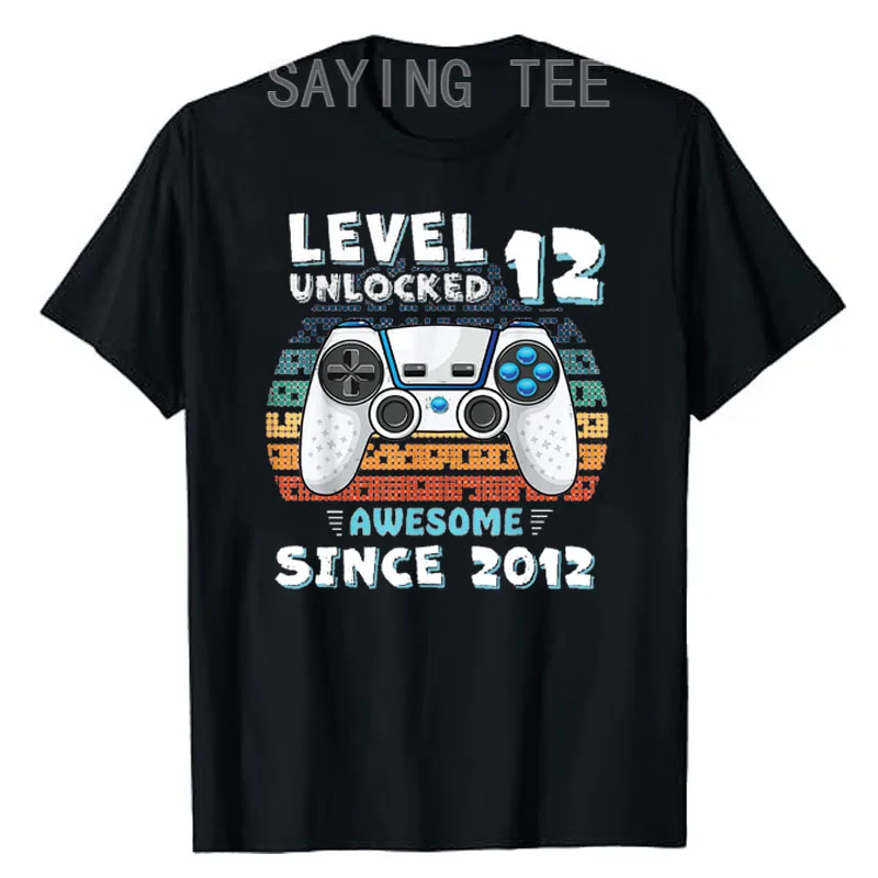 Level 12 Unlocked Awesome Since 2012 12th Birthday Gaming T-Shirt Born in 2012 Video Gamer Graphic Tee Short Sleeve Blouses Gift