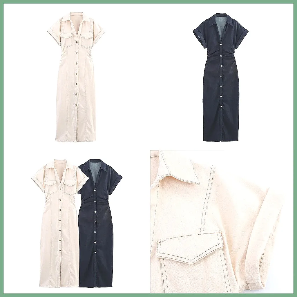 

Women's Slimming Denim Midi Dress with Pleated Waist, Summer Short Sleeve Single-Breasted Long Dress (Character Count: 78)