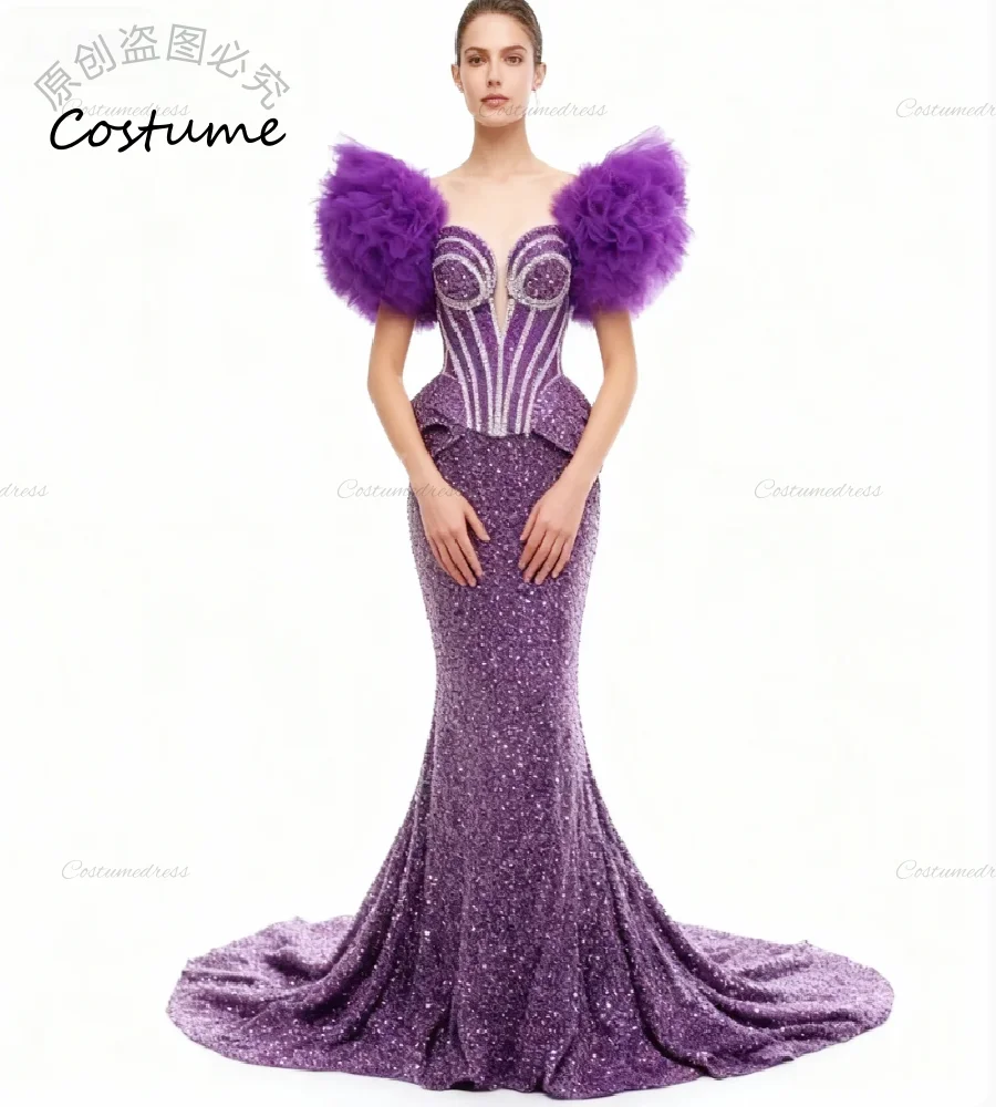 فستان سهرة فاخر مزين بالترتر الأرجواني وأكمام مكشكشة فستان حورية البحر للحفلات الراقصة 2026 على شكل قلب أسود للنساء لأعياد الميلاد والمناسبات الرسمية