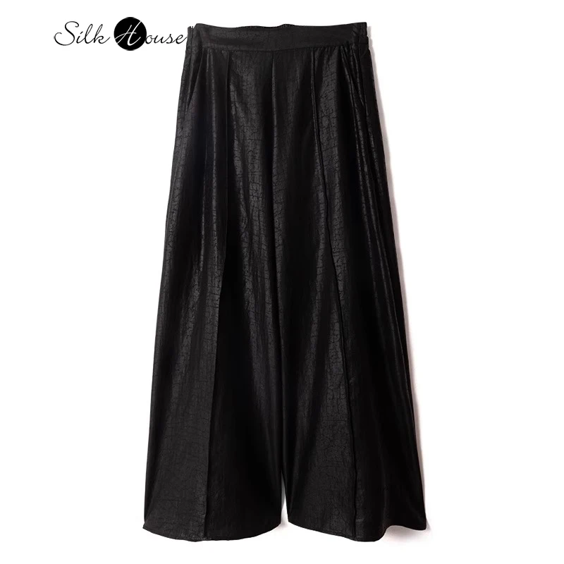 

2024 Women's New Black Turtle Crack 100%Natural Mulberry Silk Fragrant Cloud Gauze Turtle Pattern Loose Straight Tube Pants