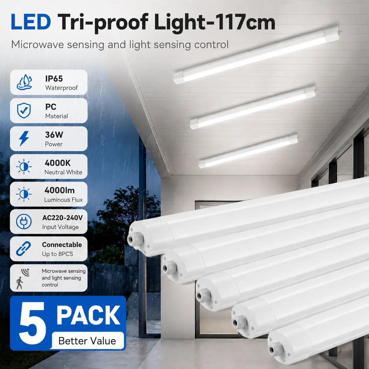 5 sztuk energooszczędnych lamp liniowych 36W 4000lm 4000K, czujnik dzień/noc + mikrofalowy czujnik ruchu, ognioodporna obudowa V0, regulowana, do warsztatu rodzinnego i garażu