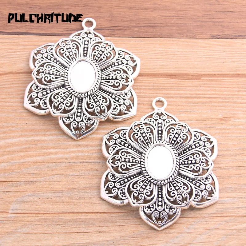1pcs 13*18mm Inner Size Two Color Double Flower Plant Cabochon Base Setting Charms Pendant For DIY Jewelry Making