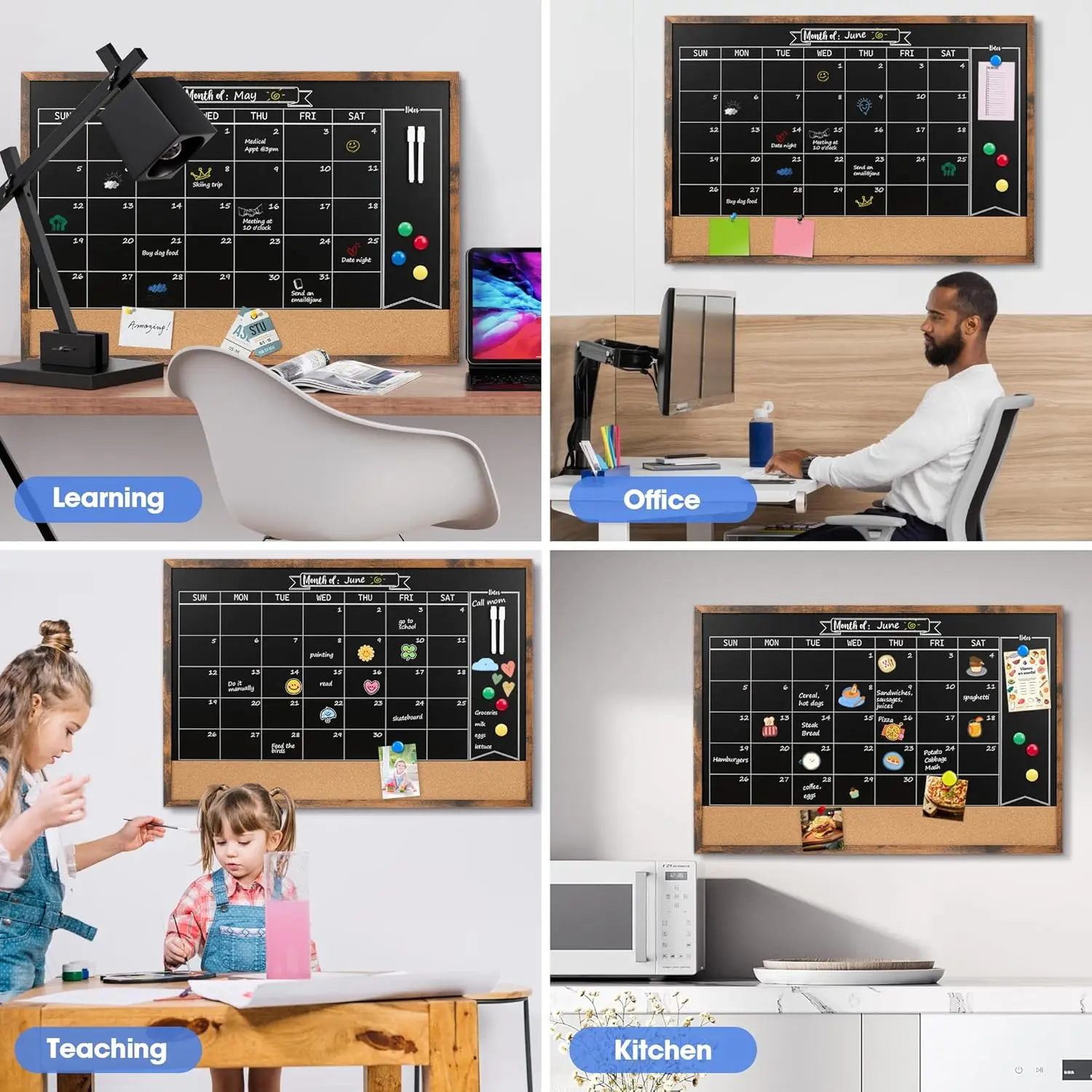 مجموعة تقويم السبورة الشهرية المغناطيسية ولوحة الفلين، مقاس 24 بوصة × 36 بوصة، مثبتة على الحائط للمكتب والمطبخ والمدرسة والمنزل