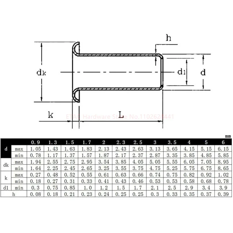 0.9 1.3 1.5 2 2.3 2.5 3 3.5 4 5 6mm occhielli in metallo ottone dado rivetto cavo rame foro passante occhielli per rivetti