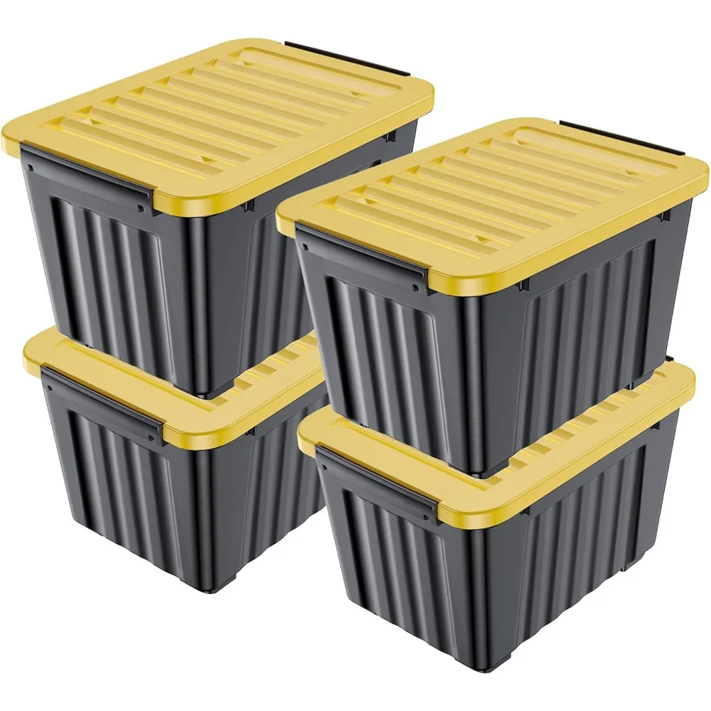 

97 Quart Plastic Storage Bin, Stackable and Nestable Storage Boxes with Yellow Lids and Secure Latching Buckles, Large Storage
