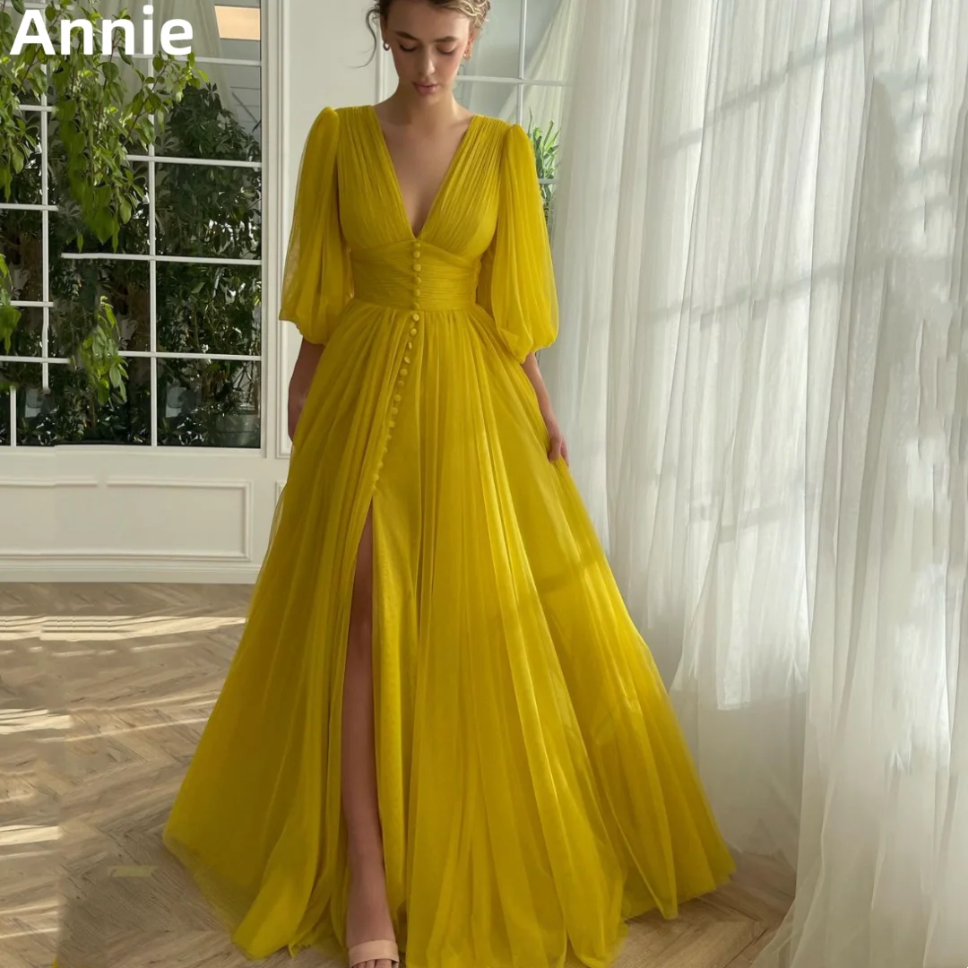 Annie-Robe de Rhen tulle à manches longues, fente latérale en forme de A, robes de soirée, robes de mariée, occasions formelles