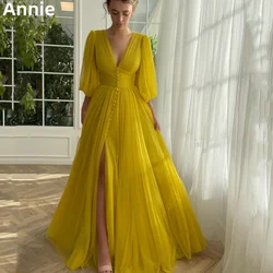 Annie Tulle 긴팔 무도회 원피스, A 자형 측면 슬릿 이브닝 드레스, 웨딩 원피스, 격식 있는 행사