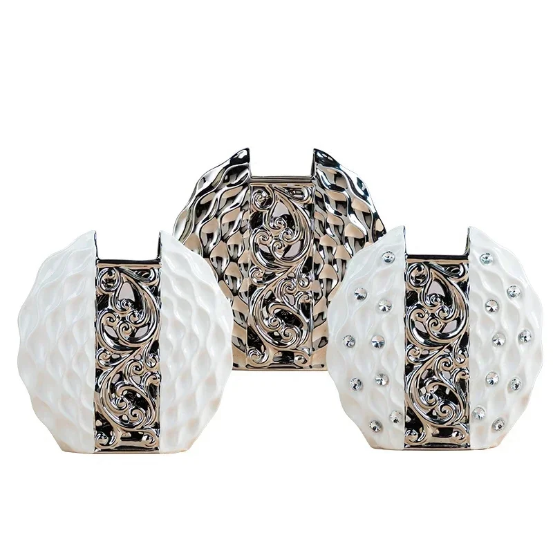 Современная простота, керамическая ваза, ручная инкрустация, сверло, белая/серебряная композиция, вазы для цветов, свадебное украшение дома